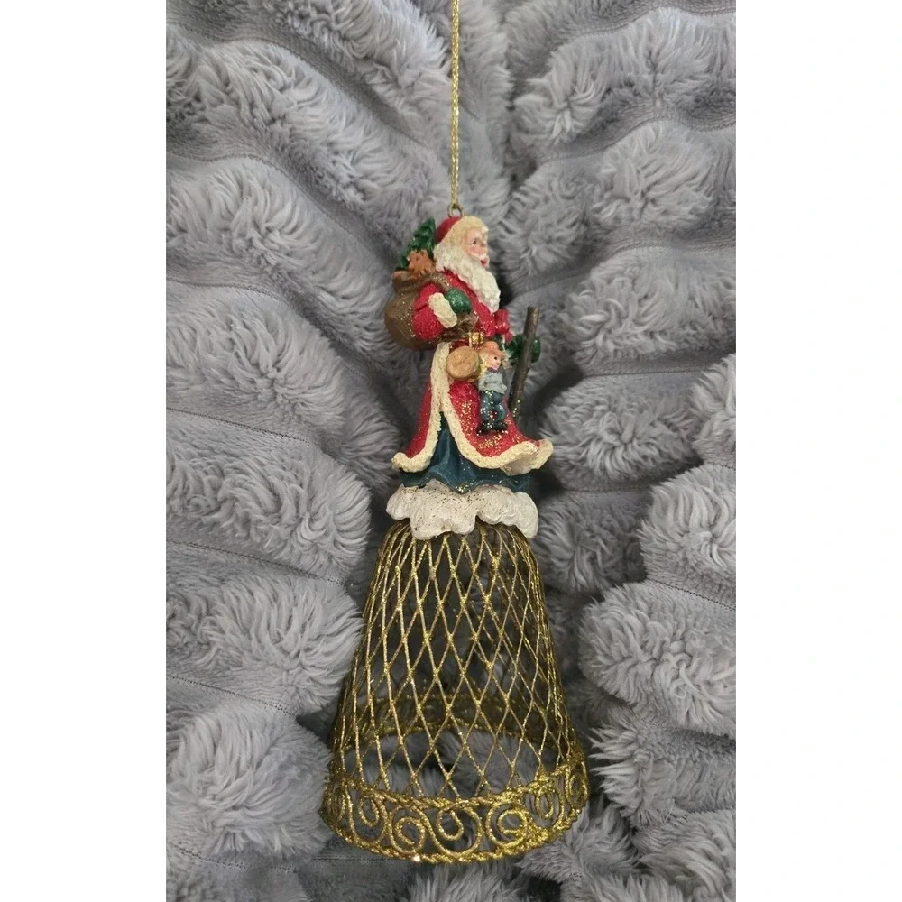 Christmas Santa Claus Gold Glitter Metal Mesh Bell‎ Tree Ornament NOS VINTAGE